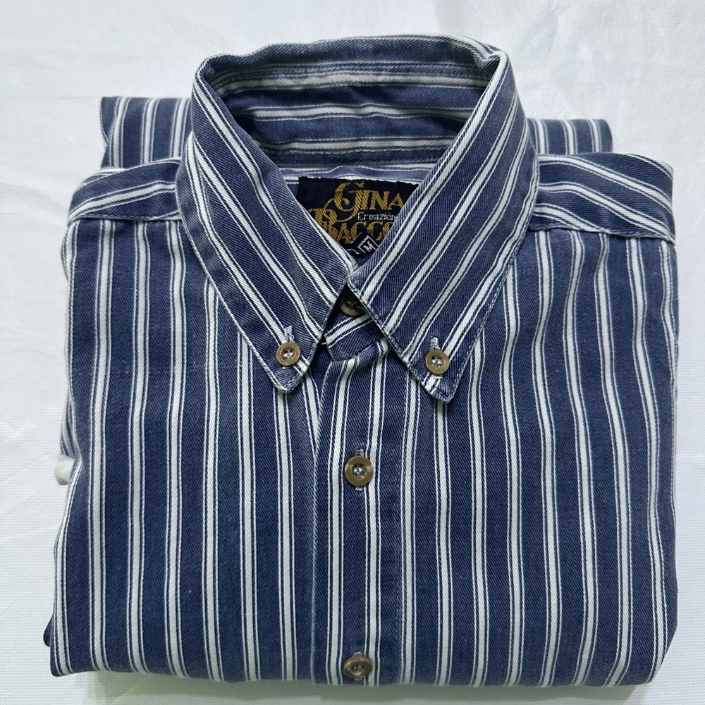 VTG Gina Bacconi Striped Button Down Denim Shirt M Levis Red Tab Retro Workwear
